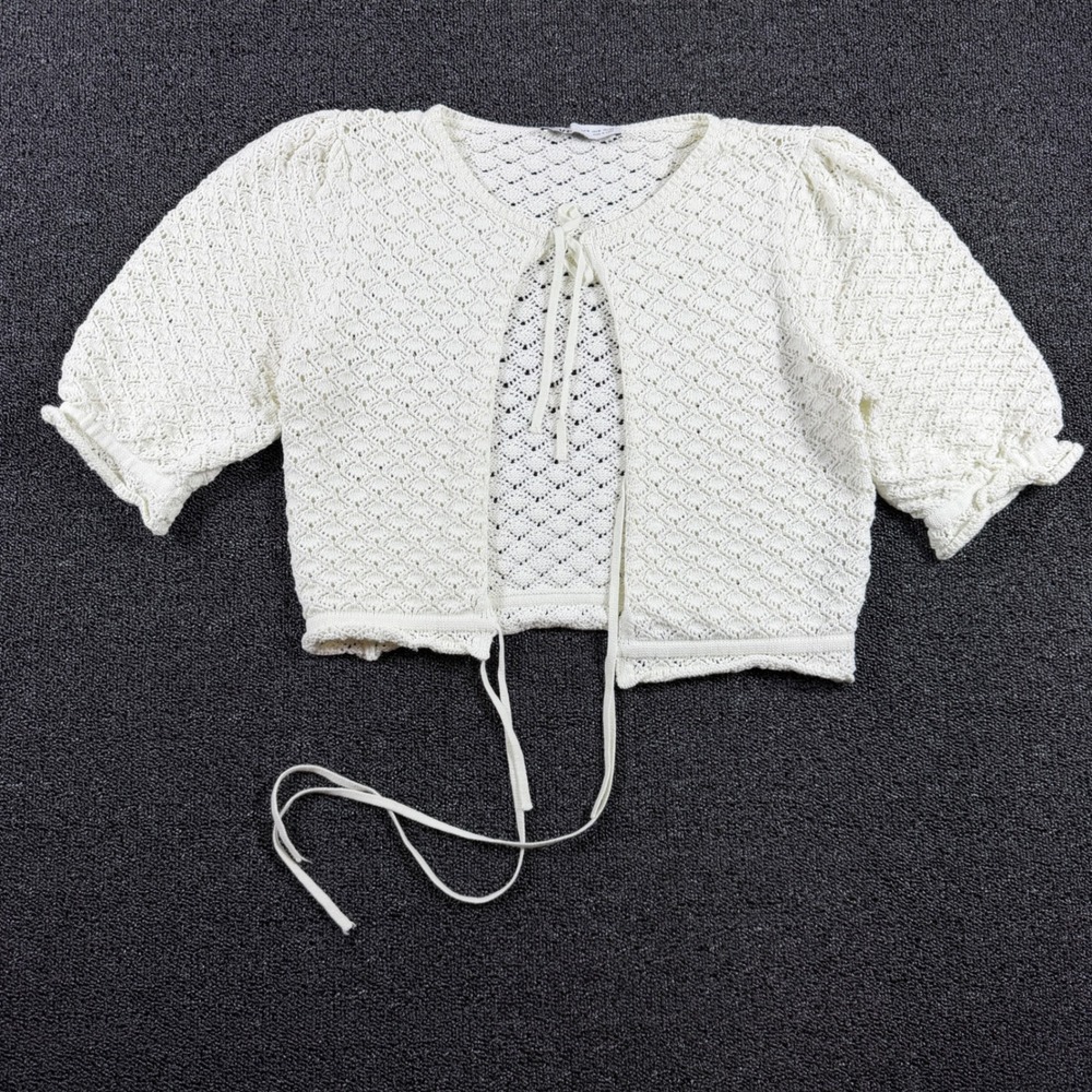 Zara Crochet Knit Tie Front Cardigan Women's‎ M White Cropped Puff Sleeve Shrug